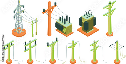 Isometric electrical power infrastructure illustration set, transmission towers utility poles transformers, electricity distribution network, energy grid components, vector design
