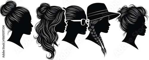 Stylish female silhouette profiles with diverse hairstyles, accessories, fashion elements, and elegant poses for beauty, salon, and design themes.