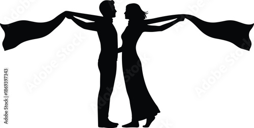 Romantic couple holding flowing scarf silhouette illustration loving man and woman graceful dance pose black vector design for love concept