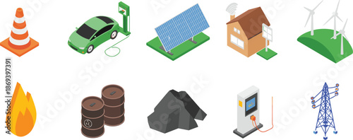 Isometric energy icons set, renewable and traditional power sources, electric car solar wind fossil fuels, smart home electricity concept
