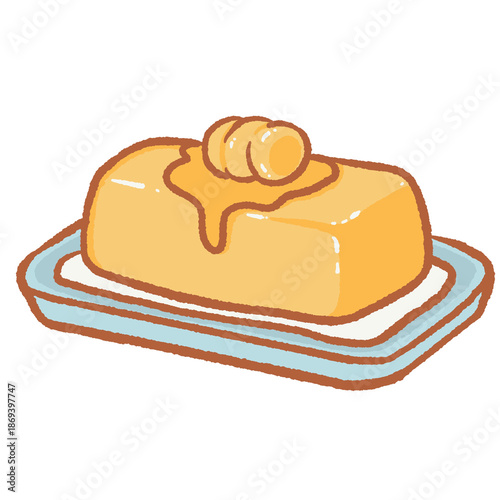 Картината върху платно Minimalist hand drawn butter stick on blue plate with melting piece on top dairy