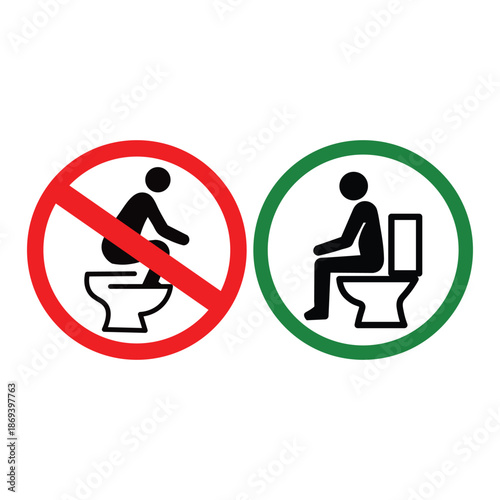 Proper Toilet Sitting Position Icon Set – Do and Don’t Bathroom Posture Symbol
