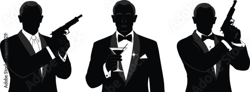 Silhouettes of secret agents in tuxedos with pistols and martini glass, inspired by classic spy and James Bond styl