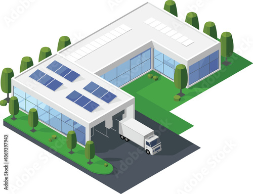 Isometric smart factory illustration with rooftop solar panels, sustainable industrial building, green energy powered logistics center, modern eco technology concept