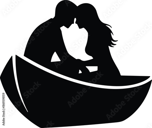 Romantic couple sitting in small boat silhouette illustration loving man and woman intimate moment black vector design for love concept