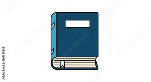 Simplified illustration of a closed hardcover book with a dark blue cover and a white label on the front for titles or author names