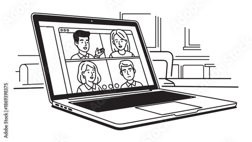 Line Art Laptop Displaying Video Conference with Four People