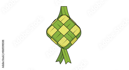 Intricate crafted green and yellow woven ketupat with ribbon for festive celebrations and traditional ornamental decorations