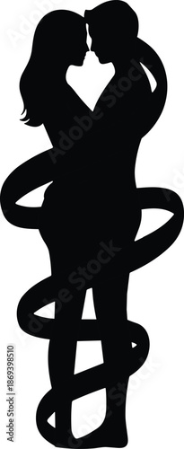 Romantic couple wrapped in flowing ribbon silhouette illustration passionate man and woman abstract love symbol black vector design