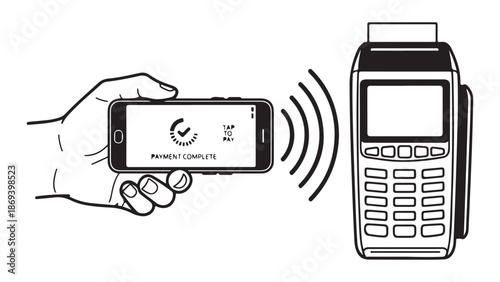 Line Art Illustration of Mobile Payment Transaction with NFC Terminal