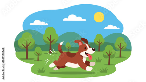 Flat vector illustration of a happy dog running in a green city park, playful pet activity scene with trees, grass, and joyful movement in clean solid color style