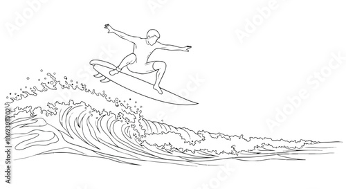 Dynamic line art illustration capturing a surfer performing a jump on a cresting wave in minimalistic style emphasizing motion and energy with clean