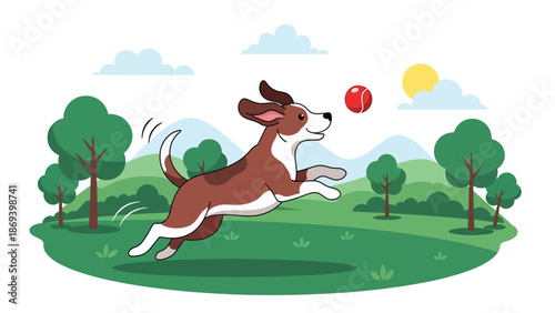Vector illustration of a dog playing fetch in an open field, energetic pet exercise scene with ball, grass, and outdoor fun in flat solid color style