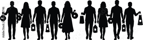 Shopping people silhouettes carrying bags representing retail consumer lifestyle fashion sale concept in modern black vector illustration design