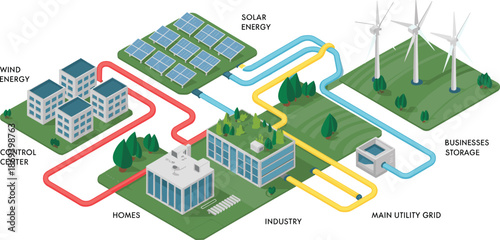 Isometric sustainable energy system illustration, solar wind power generation, smart grid storage distribution, renewable electricity infrastructure, clean energy concept