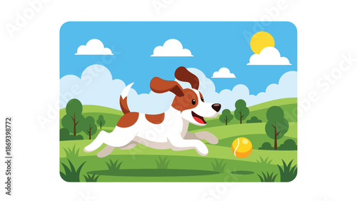 Vector illustration of a dog playing fetch in an open field, energetic pet exercise scene with ball, grass, and outdoor fun in flat solid color style