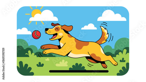 Vector illustration of a dog playing fetch in an open field, energetic pet exercise scene with ball, grass, and outdoor fun in flat solid color style