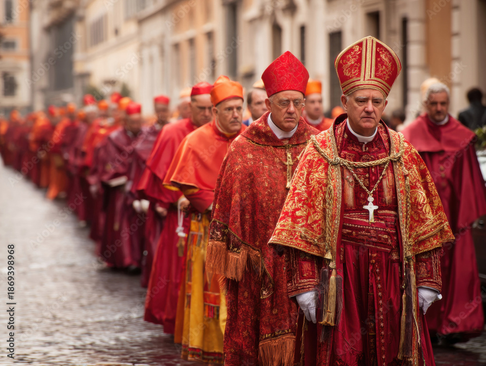 Fototapeta premium A group of cardinals dressed in red vestments marches along a cobblestone street in Rome. The solemn event showcases religious tradition in a picturesque urban setting.