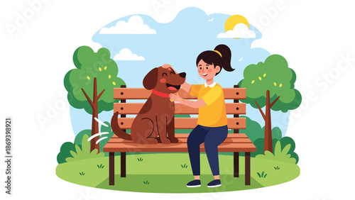 Flat vector illustration of a dog sitting calmly beside its owner on a park bench, peaceful pet companionship scene with trees and relaxed outdoor lifestyle