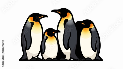 Four cartoon penguins, two adults and two chicks, stand close together on a white background