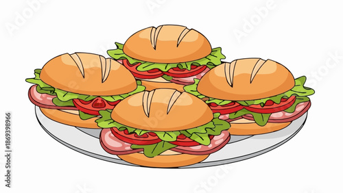 Four cartoon sandwiches with lettuce, tomato, and meat on a platter