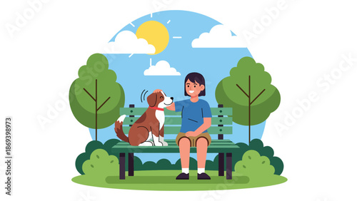 Flat vector illustration of a dog sitting calmly beside its owner on a park bench, peaceful pet companionship scene with trees and relaxed outdoor lifestyle