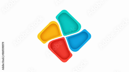 Four colorful, abstract shapes arranged in a pinwheel formation