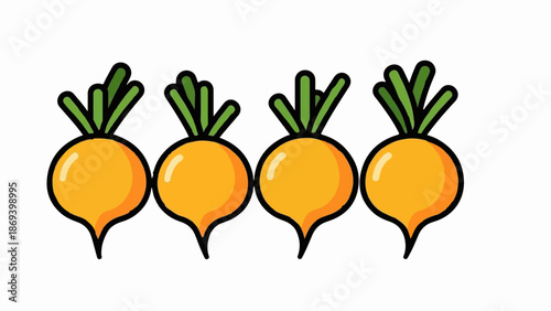 Four cartoon yellow turnips with green tops aligned in a row against a white background
