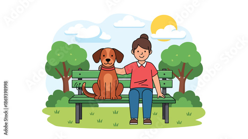 Flat vector illustration of a dog sitting calmly beside its owner on a park bench, peaceful pet companionship scene with trees and relaxed outdoor lifestyle