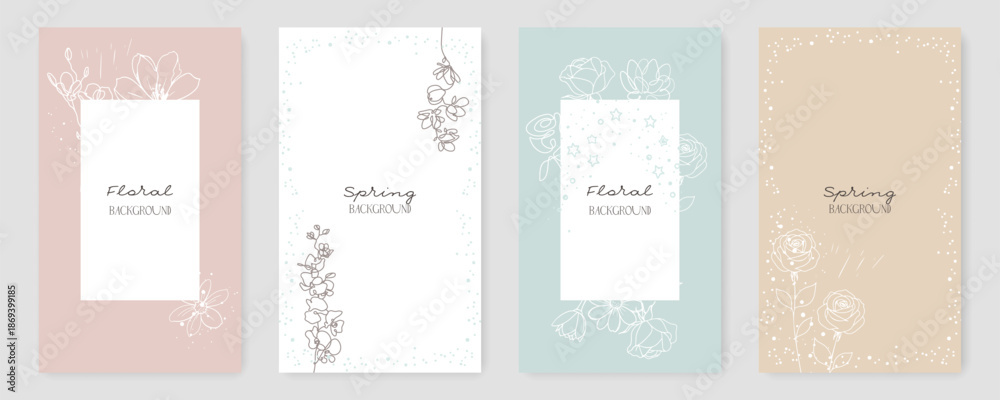 Naklejka premium Delicate Pastel Color Floral Cards Design. Spring Flowers Vector Backgrounds Set. Botanical Wallpaper Design. Line Art Flowers Banner Template for Spring Holiday Design, Banners, Cards, Web