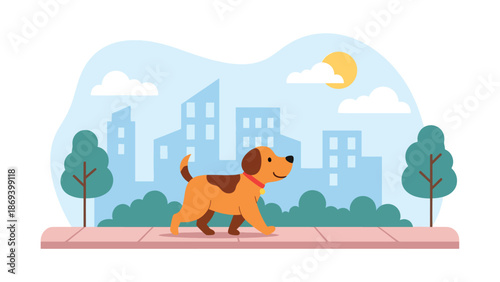 Vector illustration of a dog walking in the city, daily pet routine scene with urban background, responsible ownership concept in flat solid colors