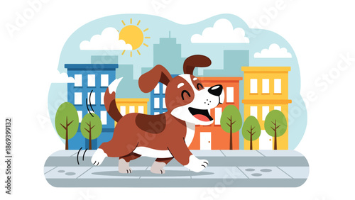 Vector illustration of a dog walking in the city, daily pet routine scene with urban background, responsible ownership concept in flat solid colors