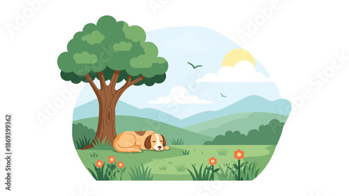 Flat vector illustration of a dog resting under a tree in nature, calm wildlife-inspired pet scene with grass, flowers, and peaceful outdoor mood