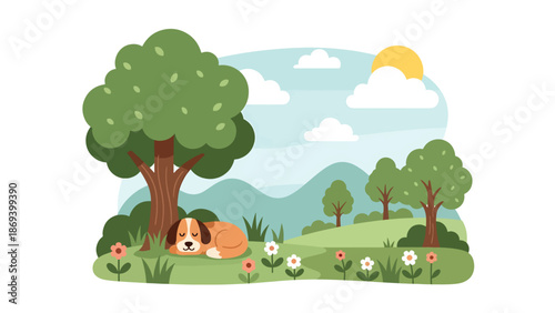 Flat vector illustration of a dog resting under a tree in nature, calm wildlife-inspired pet scene with grass, flowers, and peaceful outdoor mood