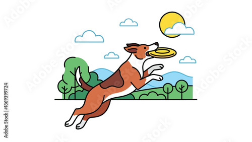 Vector illustration of a dog jumping to catch a frisbee, dynamic pet sports scene with motion and playful energy in a park setting