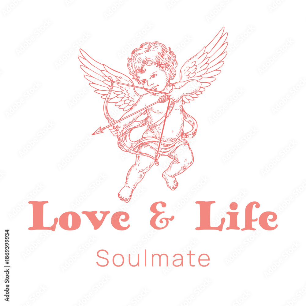 Fototapeta premium Cupid Angel with Bow and Arrow Valentine Vector Illustration Logo