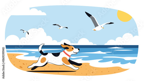 Flat vector illustration of a dog running along the beach, joyful seaside pet activity scene with waves, sand, and outdoor lifestyle atmosphere