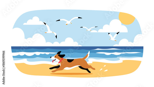 Flat vector illustration of a dog running along the beach, joyful seaside pet activity scene with waves, sand, and outdoor lifestyle atmosphere