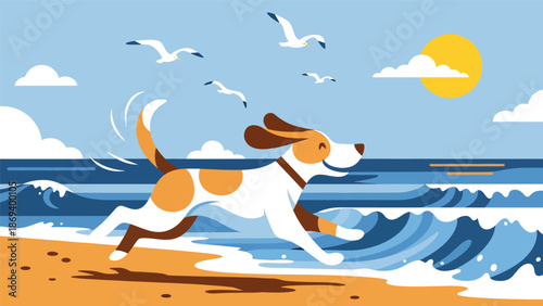 Flat vector illustration of a dog running along the beach, joyful seaside pet activity scene with waves, sand, and outdoor lifestyle atmosphere