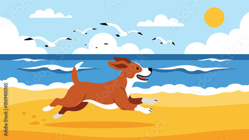 Flat vector illustration of a dog running along the beach, joyful seaside pet activity scene with waves, sand, and outdoor lifestyle atmosphere