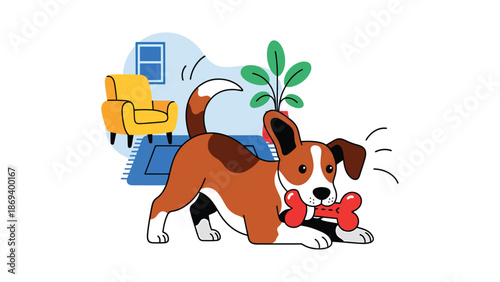 Flat vector illustration of a dog playing with a chew toy at home, cozy indoor pet lifestyle scene with simple furniture and relaxed mood