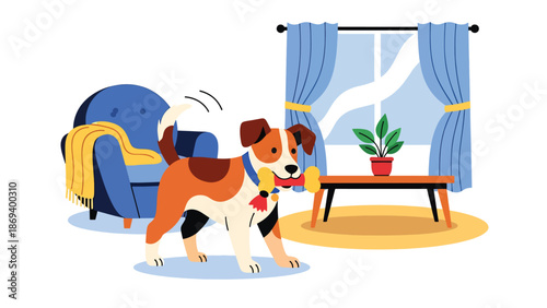 Flat vector illustration of a dog playing with a chew toy at home, cozy indoor pet lifestyle scene with simple furniture and relaxed mood