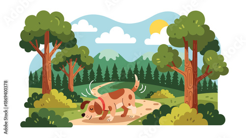 Vector illustration of a dog exploring a forest trail, wildlife-inspired pet adventure scene with trees, bushes, and natural curiosity theme