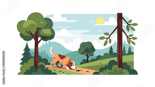 Vector illustration of a dog exploring a forest trail, wildlife-inspired pet adventure scene with trees, bushes, and natural curiosity theme