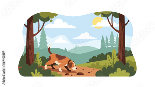 Vector illustration of a dog exploring a forest trail, wildlife-inspired pet adventure scene with trees, bushes, and natural curiosity theme