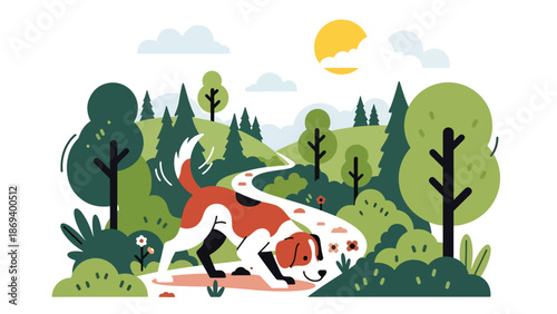 Vector illustration of a dog exploring a forest trail, wildlife-inspired pet adventure scene with trees, bushes, and natural curiosity theme