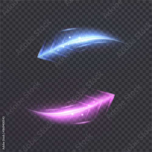 Glowing stripes of bright arrows with speed blur on transparent background. Vector light stripes for racing interface, visual effects of acceleration and direction.