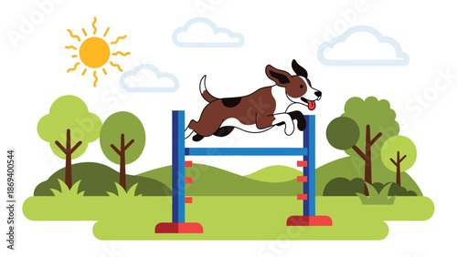 Flat vector illustration of a dog jumping over agility hurdles, energetic pet sports competition scene with training field and active motion