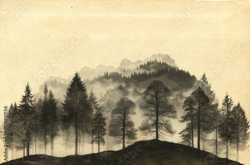 Forest silhouette with misty trees on a vintage background  