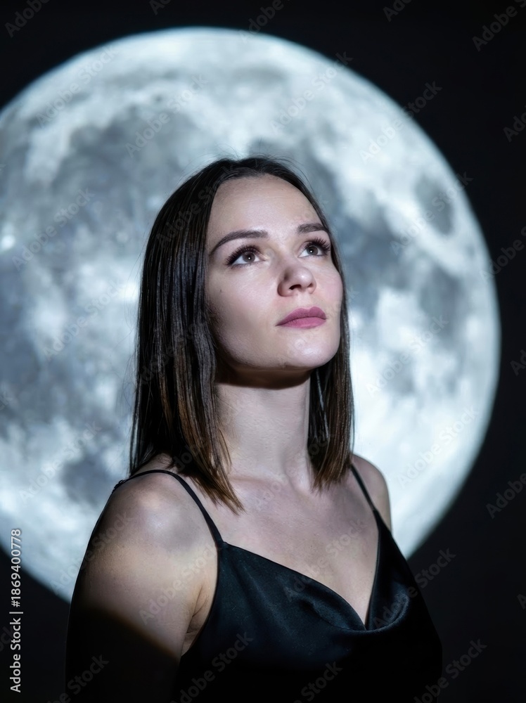 Naklejka premium Pensive young woman in elegant dress standing in front of full moon background with thoughtful expression